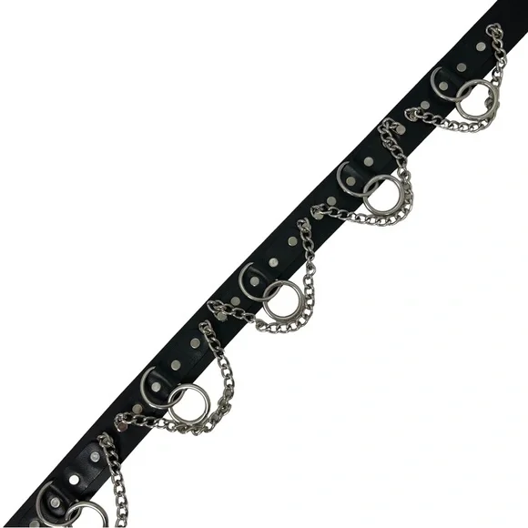 Vintage Hot Topic Black Genuine Leather D-Rings & Chains Goth Punk Belt Size 34 - Picture 2 of 4